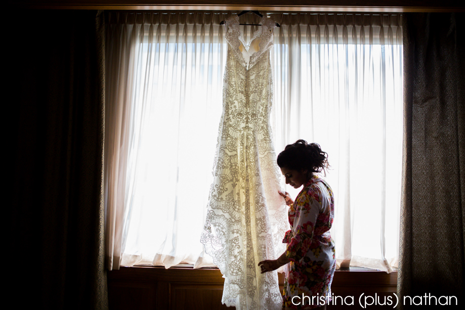 Dress in window wedding Calgary Westin Hotel Suite