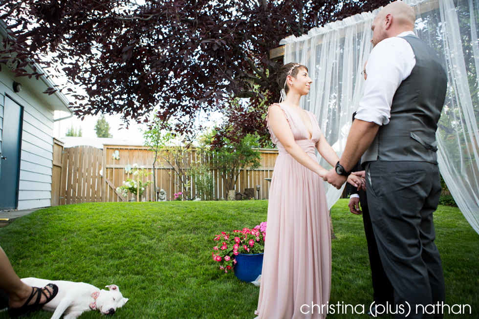Dog sleeping during wedding ceremony in Calgary Backyard