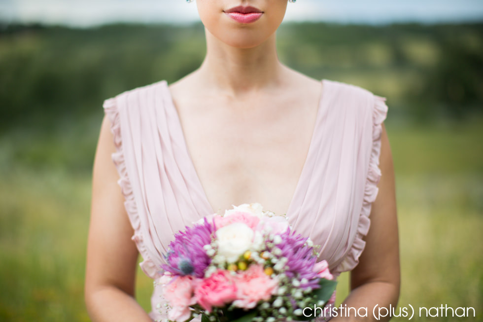 Bride with unique pink wedding dress in Calgary