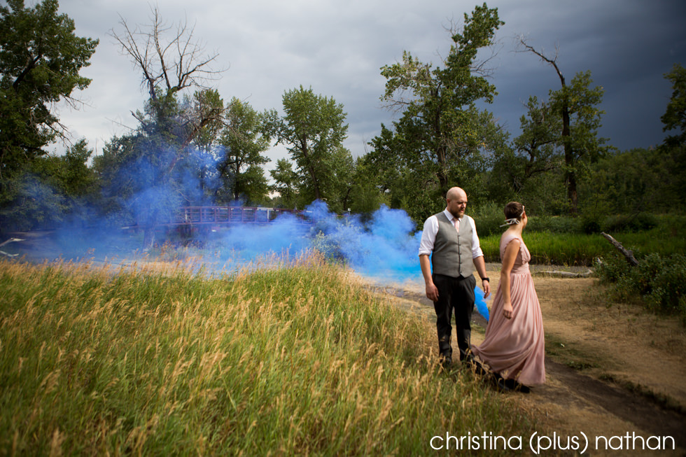 Blue smoke bombs at wedding in Calgary