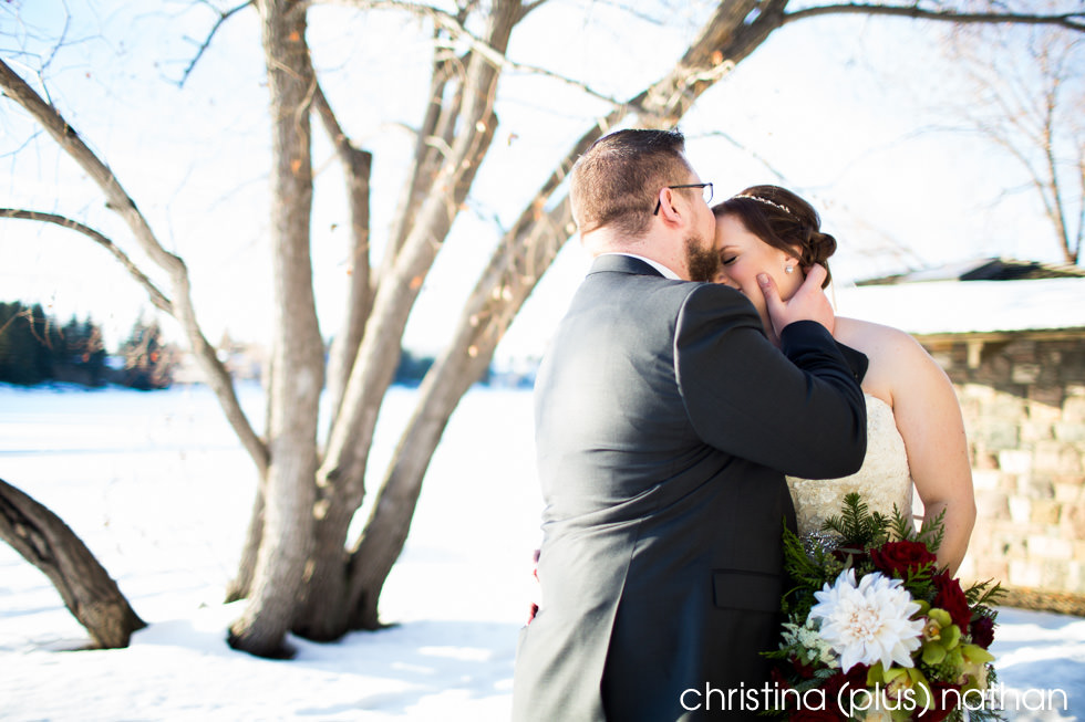Bride and groom photo in Lake Bonavista winter wedding